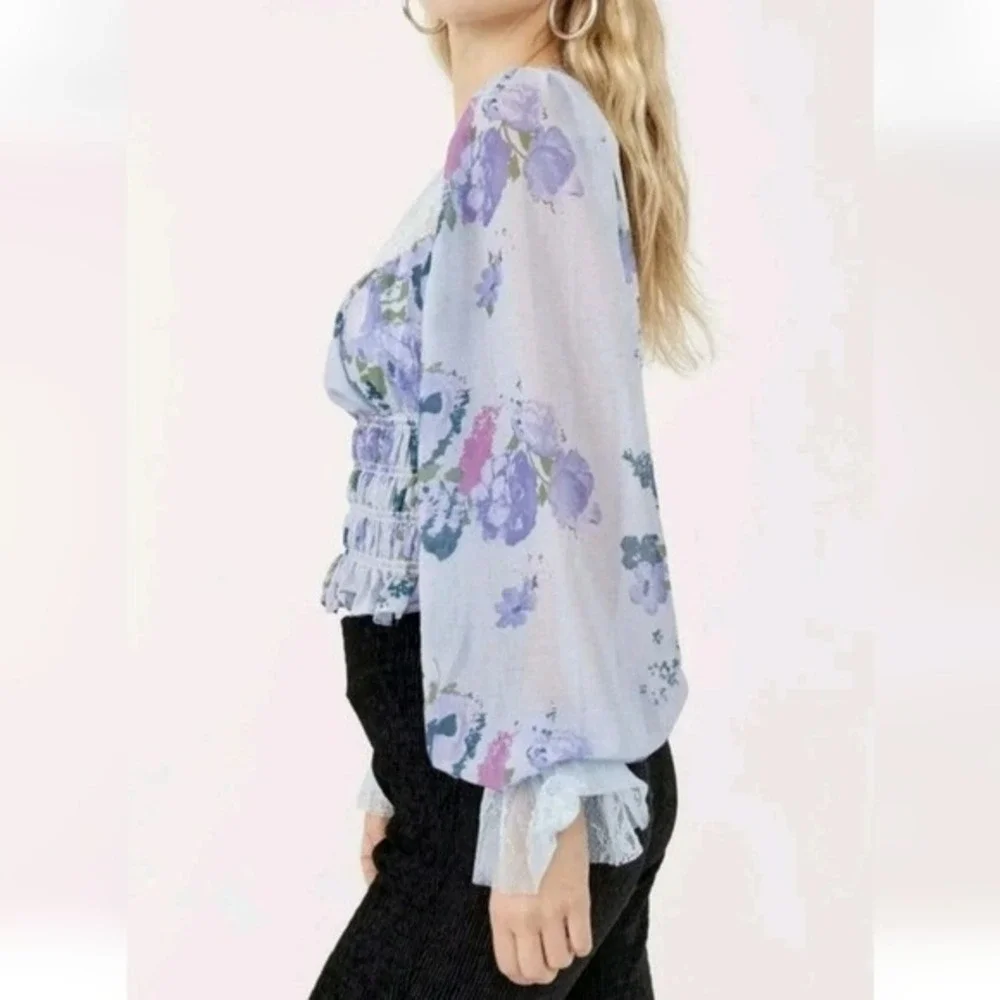 Free People Daphne Blue Floral Lace Smocked Blouse Top SZ Large Coquette Fairy